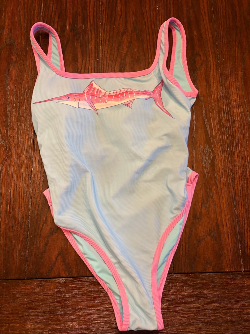 LainSnow Light Blue One-Piece Swimsuit with Pink Trim and Marlin Graphic